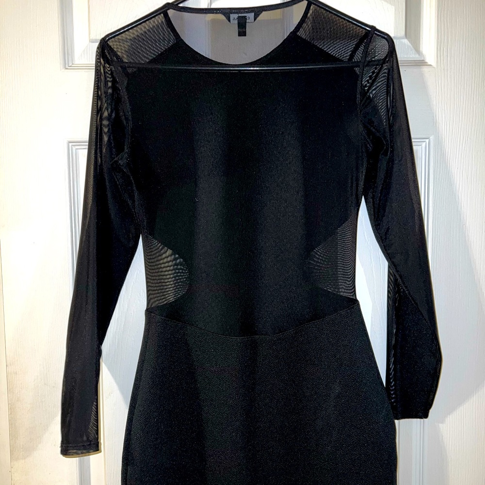 Express size small mesh sleeve, back, and cutouts on front black mini dress
